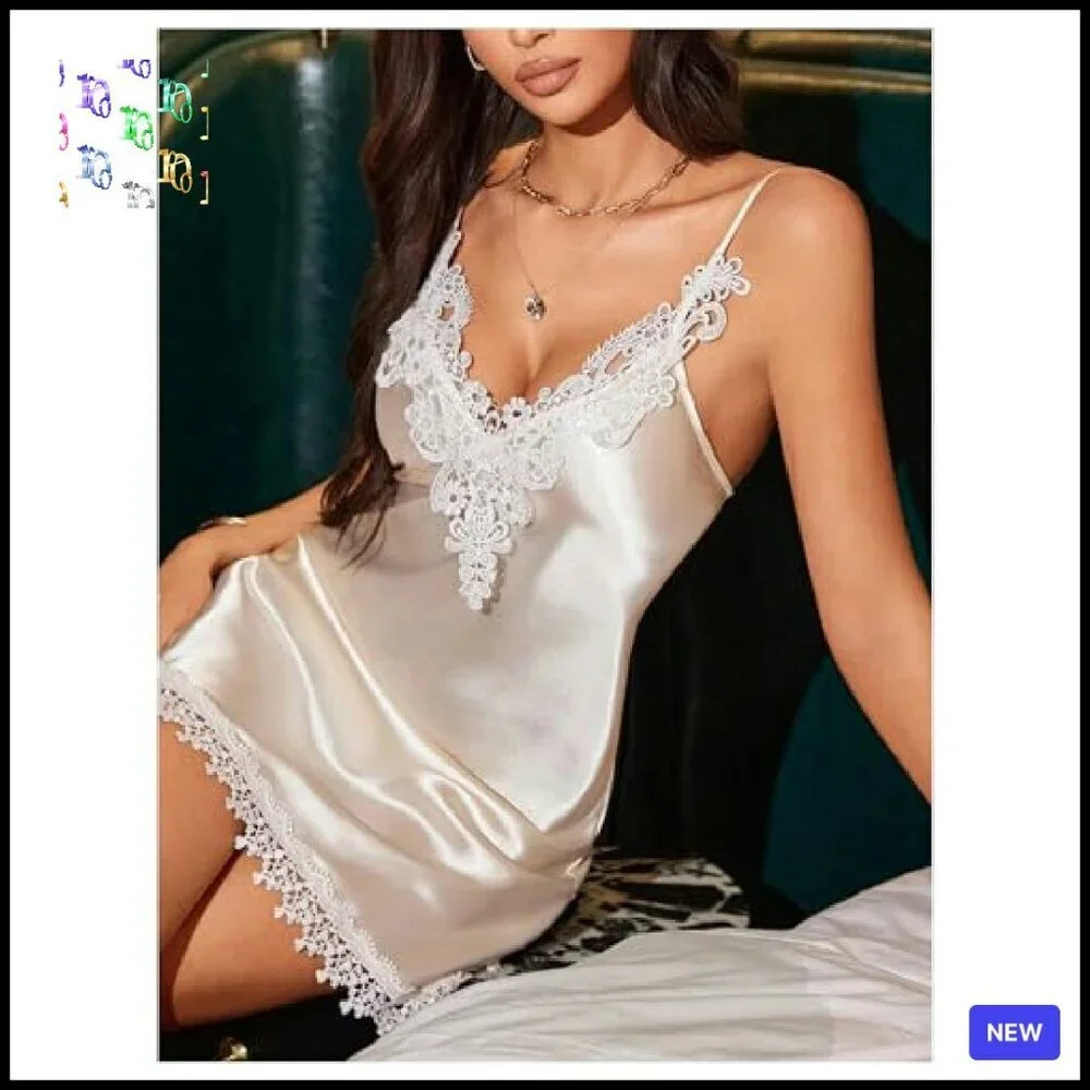 Satin Slip Dress Elegant Minimal Chic Nightgown Adjustable Straps Lace Trim